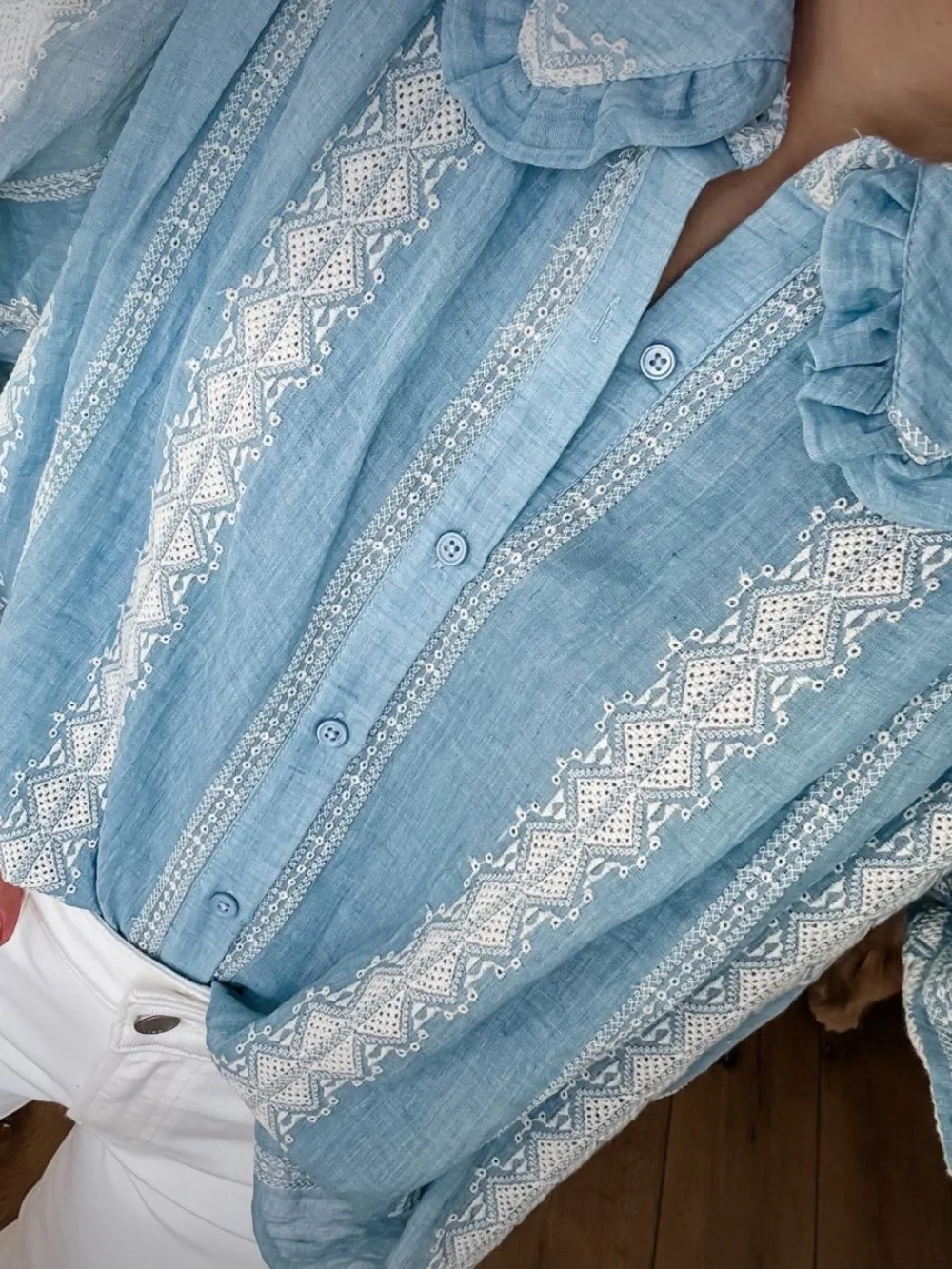 Light Blue Embroidered Boho Button-Up Blouse🎆